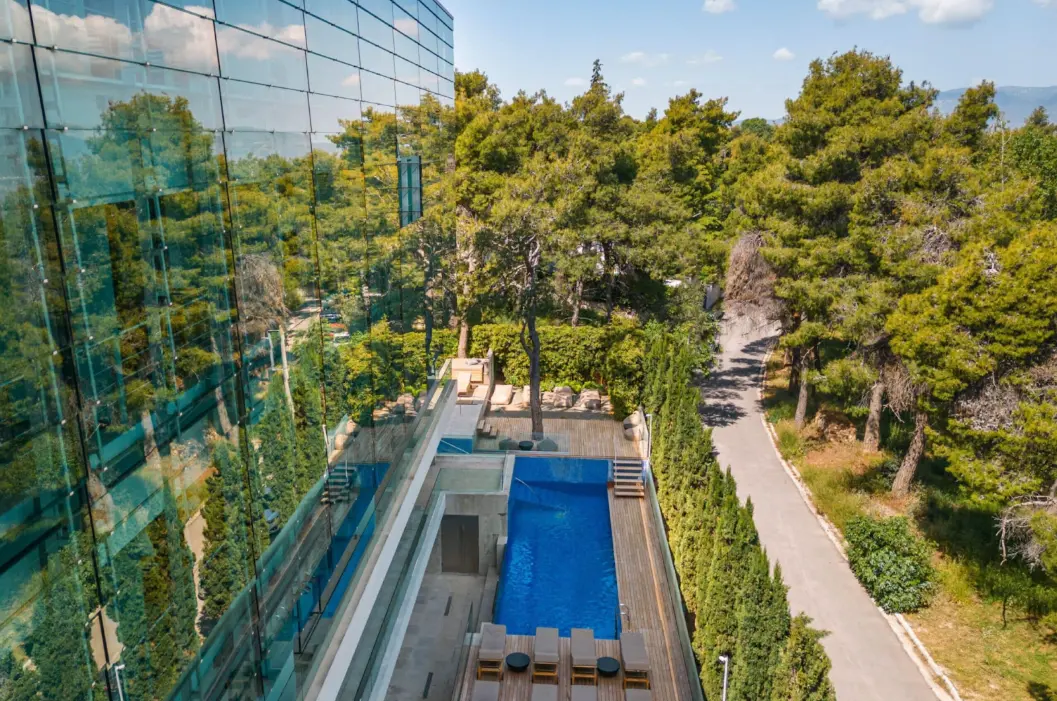 Glass-walled pool surrounded by pine trees at Life Gallery Athens